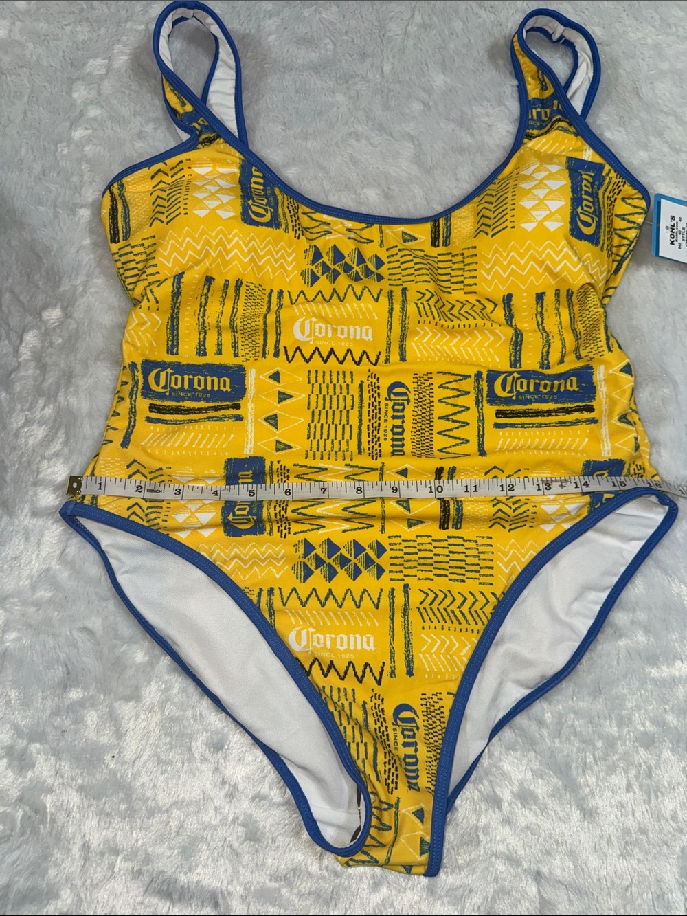 Corona Women One-Piece Swimsuit in White with Blue Trim and Yellow Logo - Picture 4 of 8